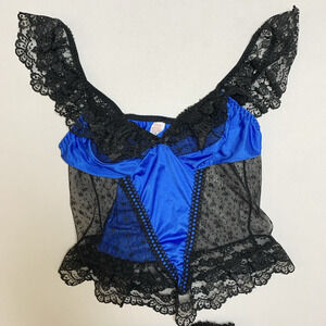 Vintage Lace Satin Cami Set Sz XS Cobalt Blue Boudoir Pin Up USA Made Glam Goth